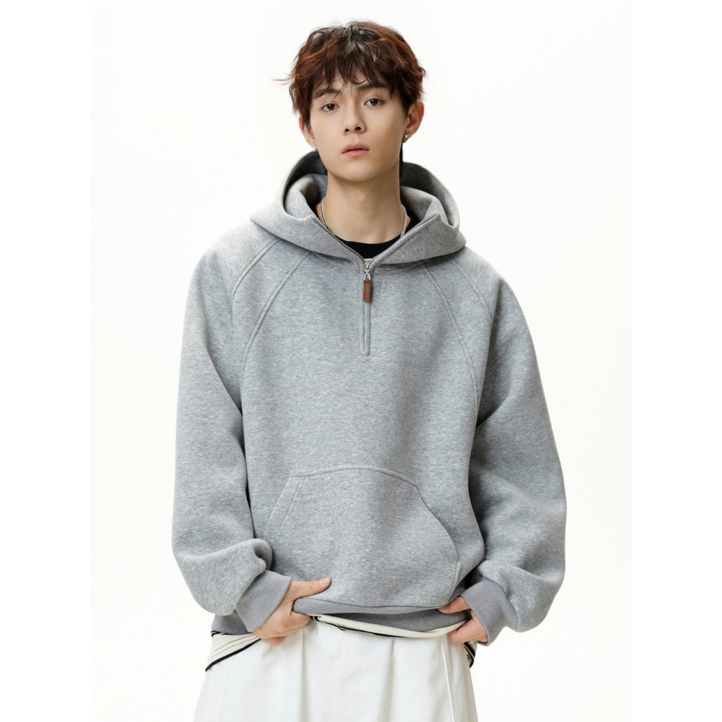 PRIME-ครึ่งซิปHoodedเสื้อกันหนาวผู้ชายฤดูใบไม้ร่วงฤดูหนาวหนาครึ่งคอสูงสีทึบHoodie Jacket