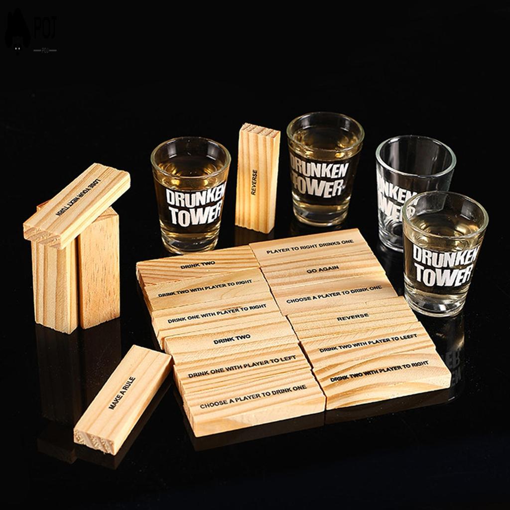 ชุดเกมดื่ม Jenga ไม้พร้อมบล็อกพิมพ์ 60 ชิ้นและถ้วยช็อต 4 ถ้วยสําหรับปาร์ตี้สนุกผู้ใหญ่สังคม Gatherin