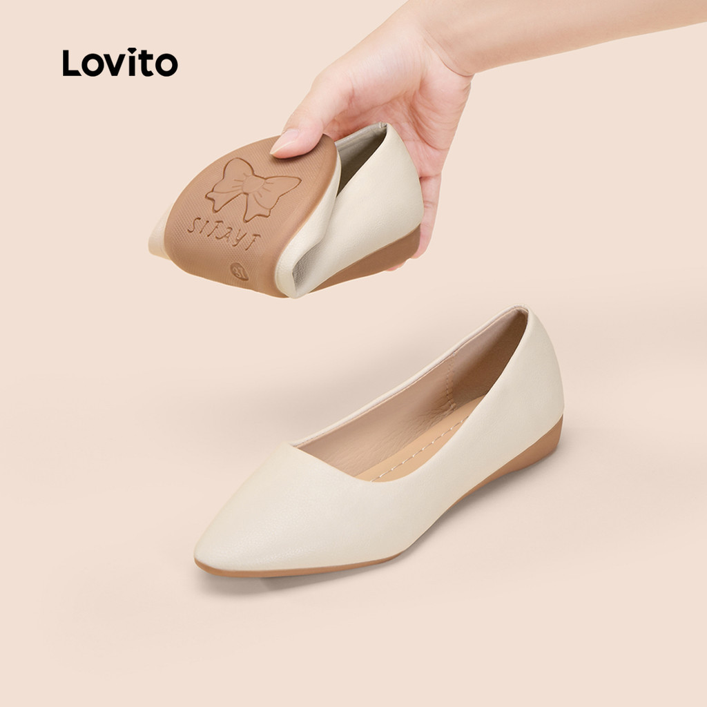 Lovito รองเท้าบัลเล่ต์หนัง ทรงวินเทจ ปลายแหลม ระบายอากาศ สีดำ-ขาว LFA69081