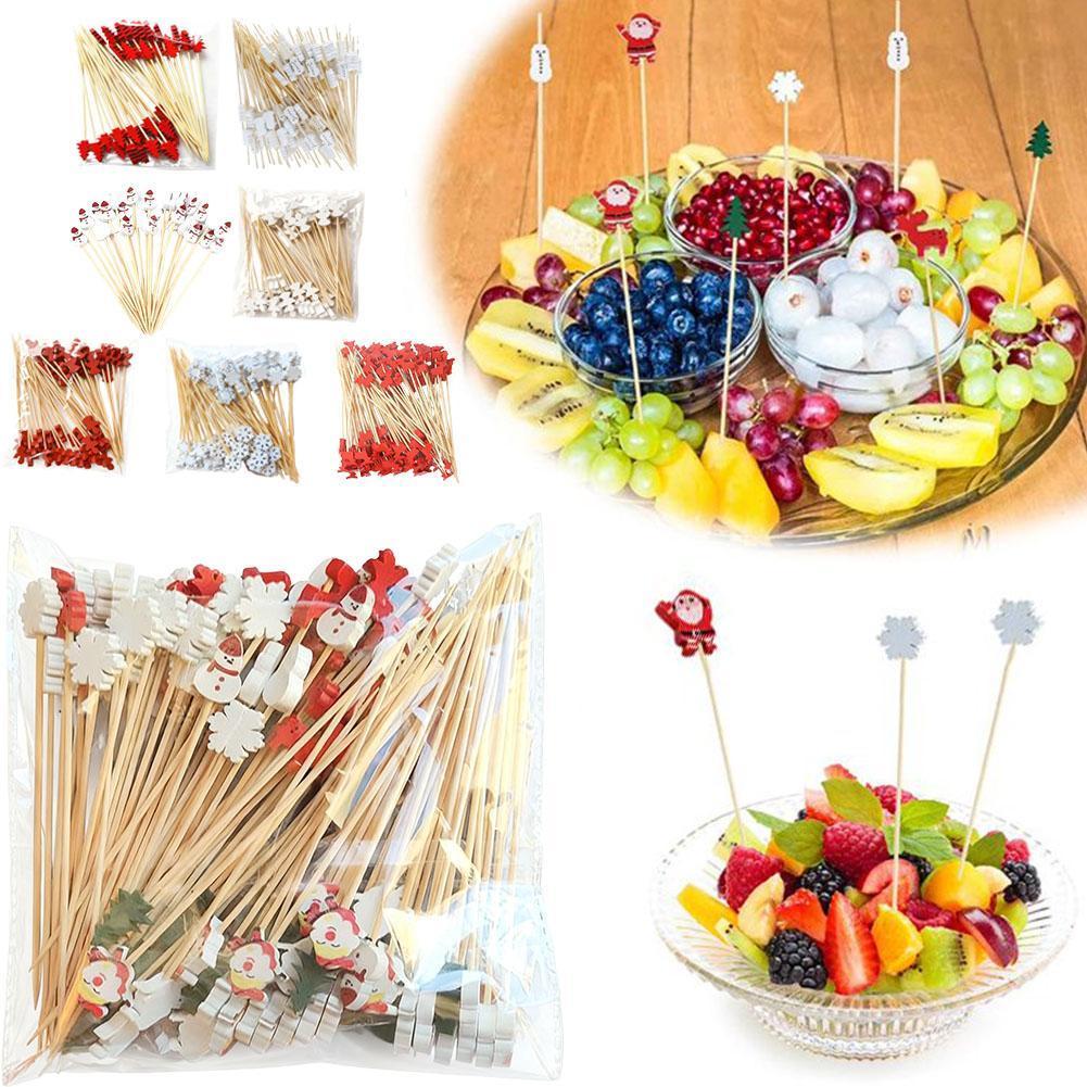 50 ชิ้นคริสต์มาสไม้ไผ่ Skewer ค็อกเทล Picks Cupcake อาหาร Sticks ไม้จิ้มฟันขนมหวาน F2A4