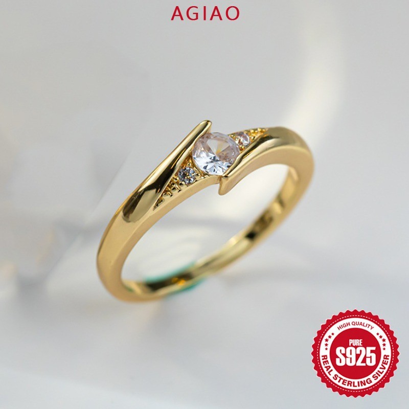 AGIAO แหวนหมั้นผู้หญิงหรูหรา 18K Gold Shining Zircon 5A