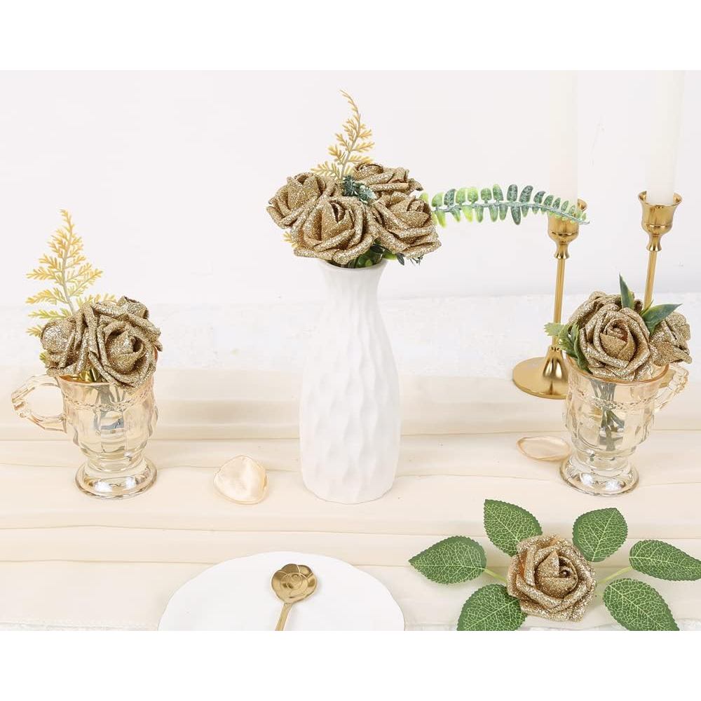 IPOPU Glitter Roses,25PCS Gold Roses Artificial Flowers Fake Rose with Stem for DIY Wedding Bridal B