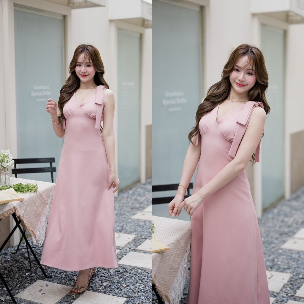 Grace Ribbon Maxi Dress : สีชมพู