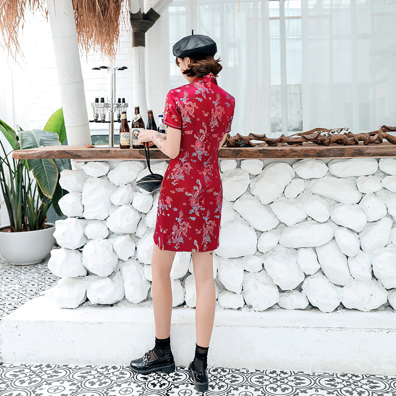 ชุดกี่เพ้าร่วมสมัยสั้น เนื้อผ้าโบรคาด กระชับสัดส่วน กระโปรงสั้น คืนทําแฟชั่น 2211 - รูปที่ 3