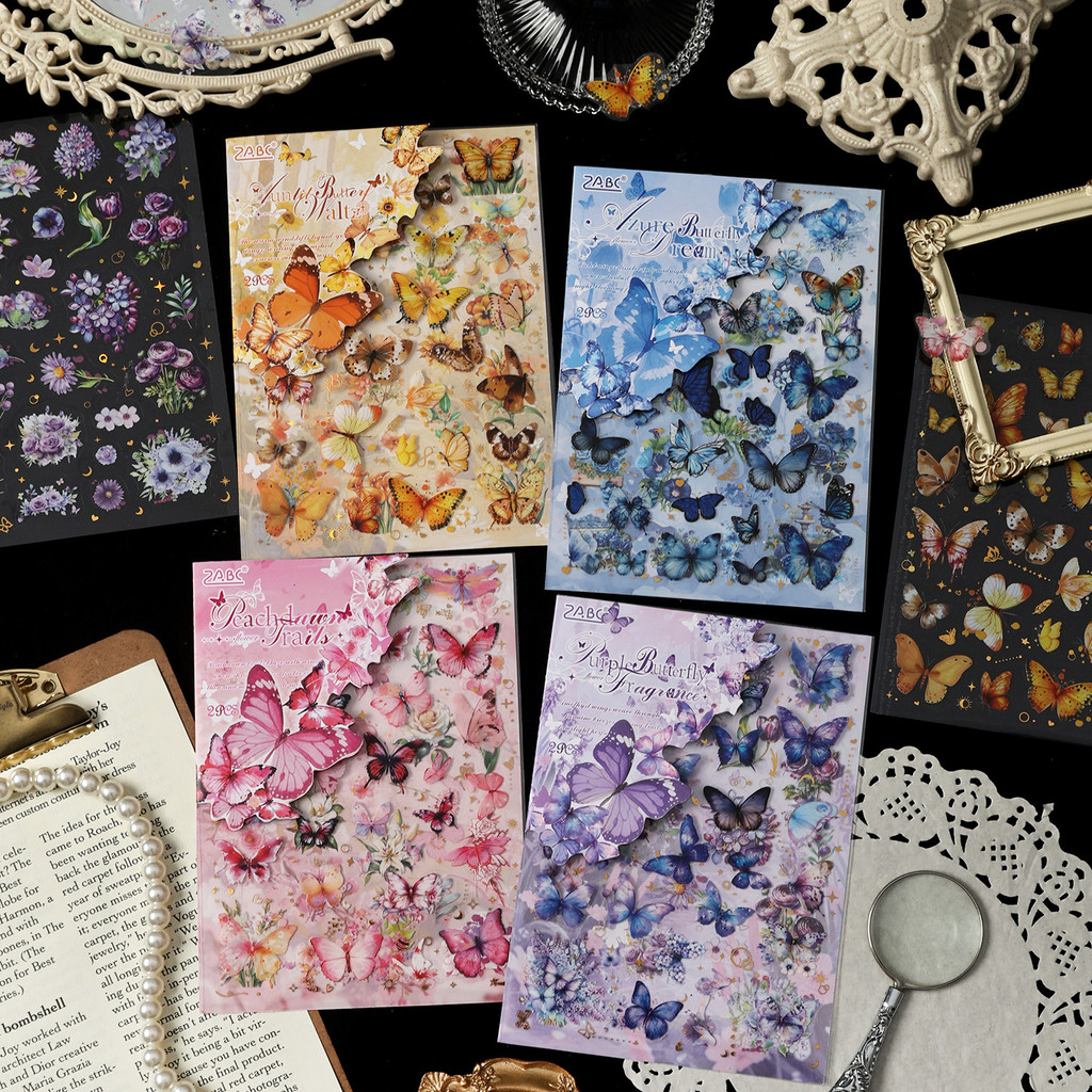 Journamm 2 แผ่น Butterflies ดอกไม้สติกเกอร์สมุดภาพสําหรับความงามตกแต่ง Junk Journal Art Collage อัลบ