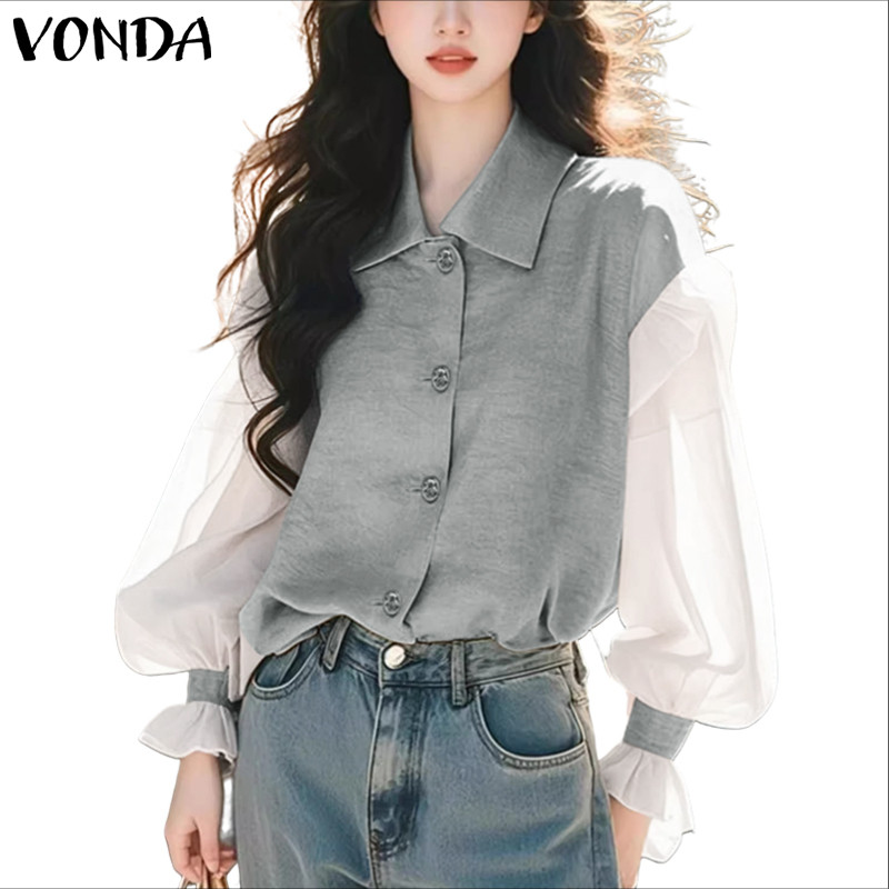 VONDA เสื้อผ้าสไตล์เกาหลีสำหรับผู้หญิง ทรง H Line ดีไซน์ขอบคอพับได้และกระโปรงระบาย เสื้อแขนยาว Pre-s