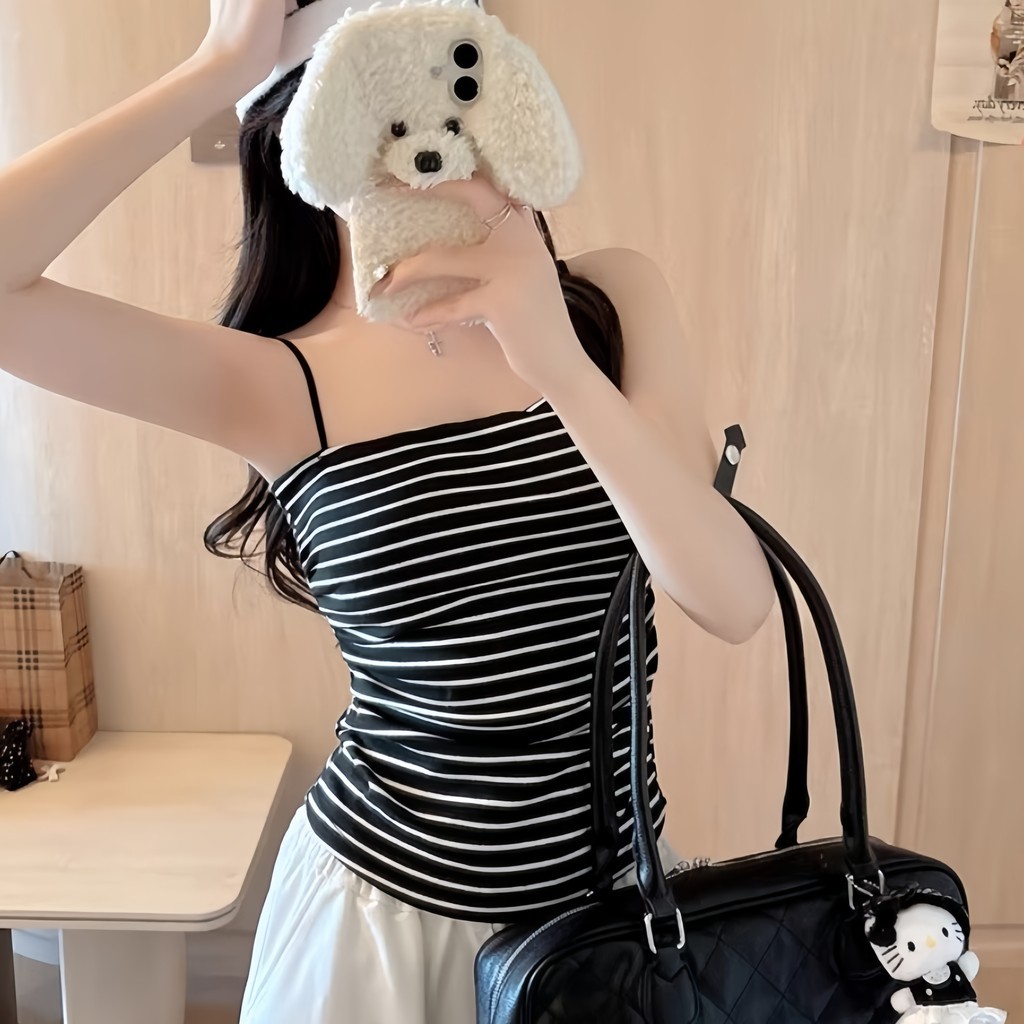 SuSu สายเดี่ยว ใส่สบาย ผ้ายืด ลายเส้น ด้วยฟองน้ำ ผ้านุ่ม ครอปแขนสั้น ราคา ถูกที่สุด ดีลบีเคเค แกลเลอรีภาพที่ 8