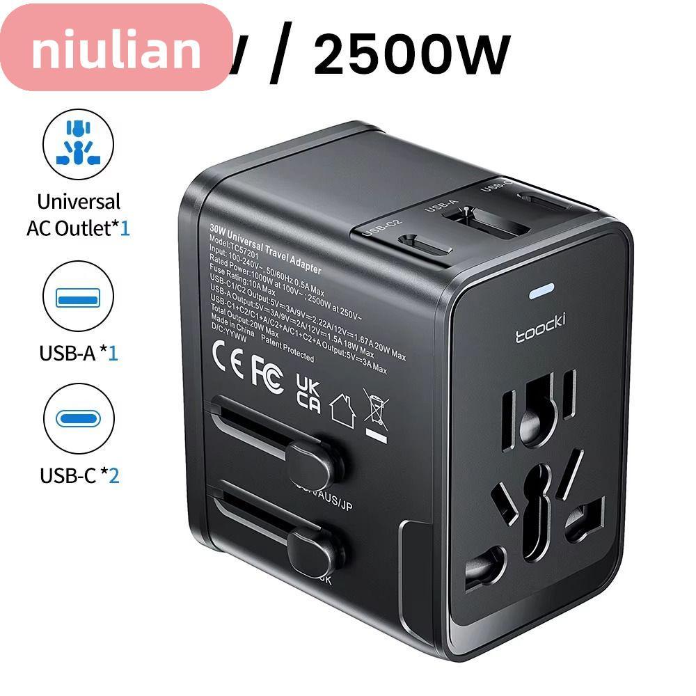 NIULIAN Travel Charger Adapter, 30W Universal AC Socket Converter, แบบพกพา 2USB-C & USB-A Fast Charg