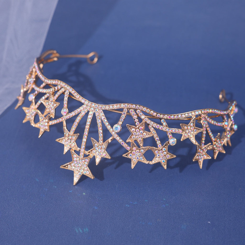 เจ้าสาวงานแต่งงาน Tiara Crown Star Shape Decor Shiny Rhinestones Alloy Crown สําหรับการแสดงบนเวทีโรง