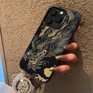 เคสโทรศัพท์ปุ่มโลหะรูปมังกรสีเหลืองทอง ไอโฟน11 For iPhone11 12 13 14 15 16 17 Pro MAX X XS XR XSMAX 7 8Plus เคสโทรศัพท์