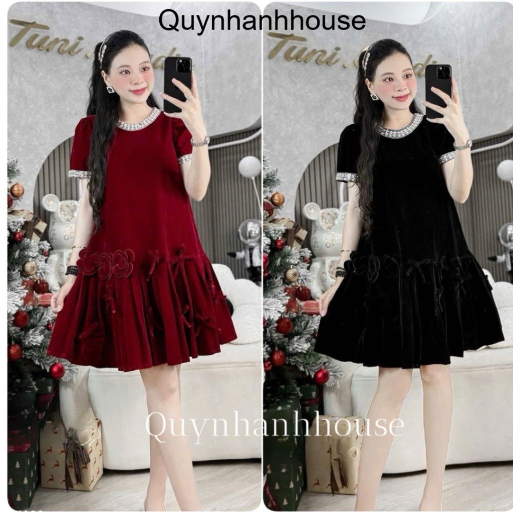 <Quynhanhhouse ชุดคลุมท้อง> (เสื้อผ้า Nh)เดรสกํามะหยี่ลายดอกไม้และคอปกหิน M201 sm