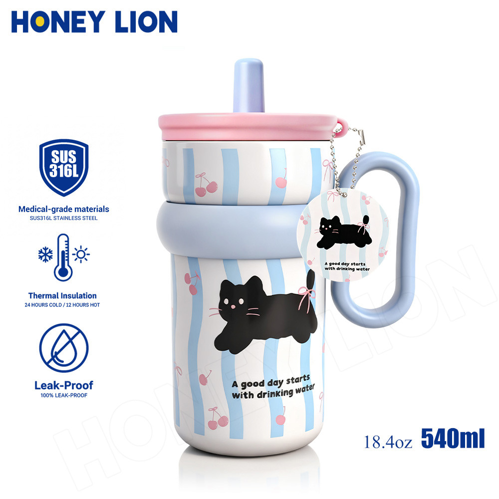 HoneyLion กระติกน้ำ 540ml เก็บน้ำแข็ง 12ชม. กันรั่ว - สแตนเลส 304/316 ปลอดภัย BPA มีหูหิ้ว 2 แบบดื่ม พกไปทำงาน