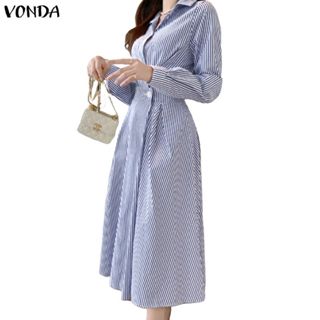 VONDA ชุดเดรสคอปกเสื้อแขนยาวลายทางสําหรับผู้หญิง