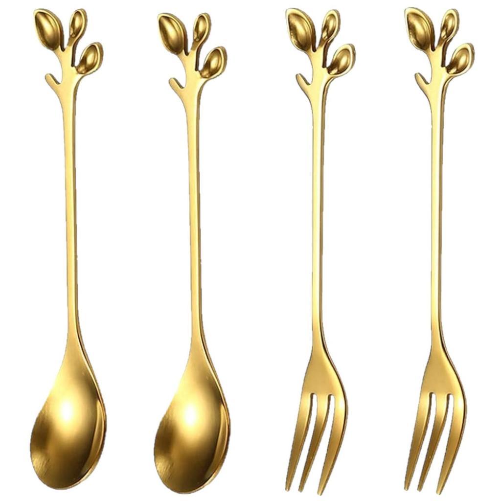 ✨เซตช้อนส้อมสแตนเลสสีทอง 12 ซม. ลายวินเทจ สำหรับทานหวาน ไอศกรีม และปาร์ตี้✨
