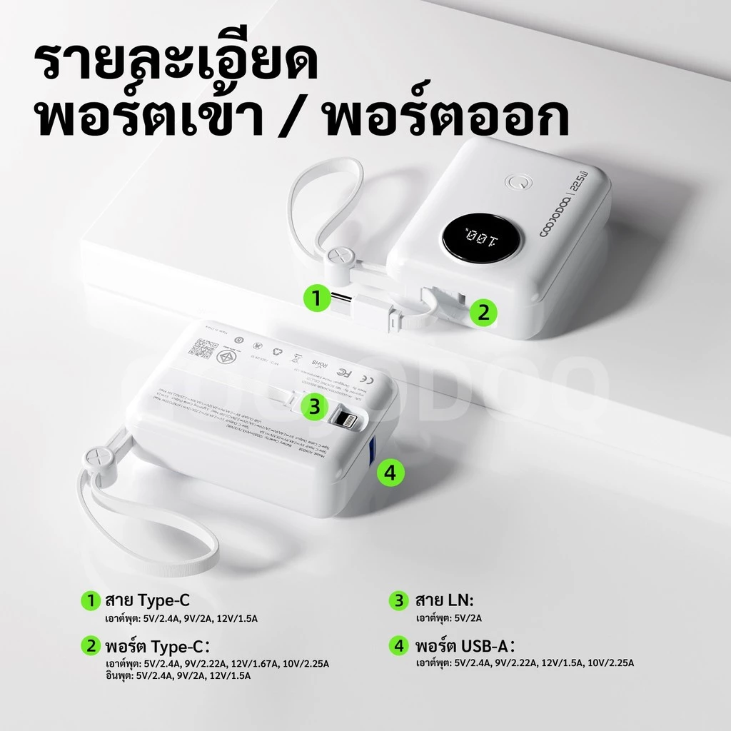 GOOJODOQ แบตสํารองแบบพกพา 22.5W Fast Charger 10000mAh แบตเตอรี่ทนทาน 2-in-1 สายชาร์จในตัว thumbnail 5
