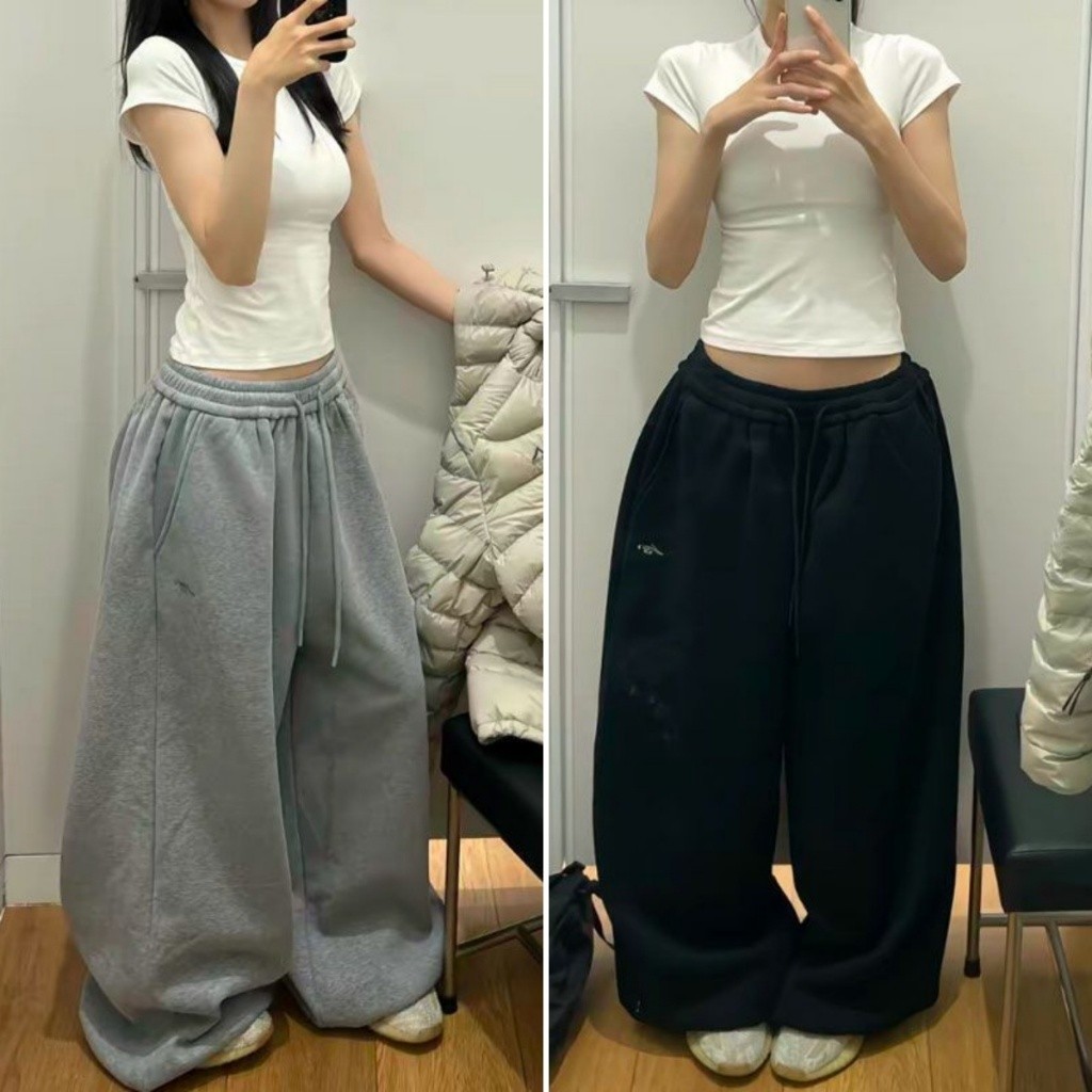 Hotgirl กางเกงกีฬาขาหลวมสไตล์วินเทจสุดเท่ การออกแบบเชือกผูก ยาวสบายๆลำลอง