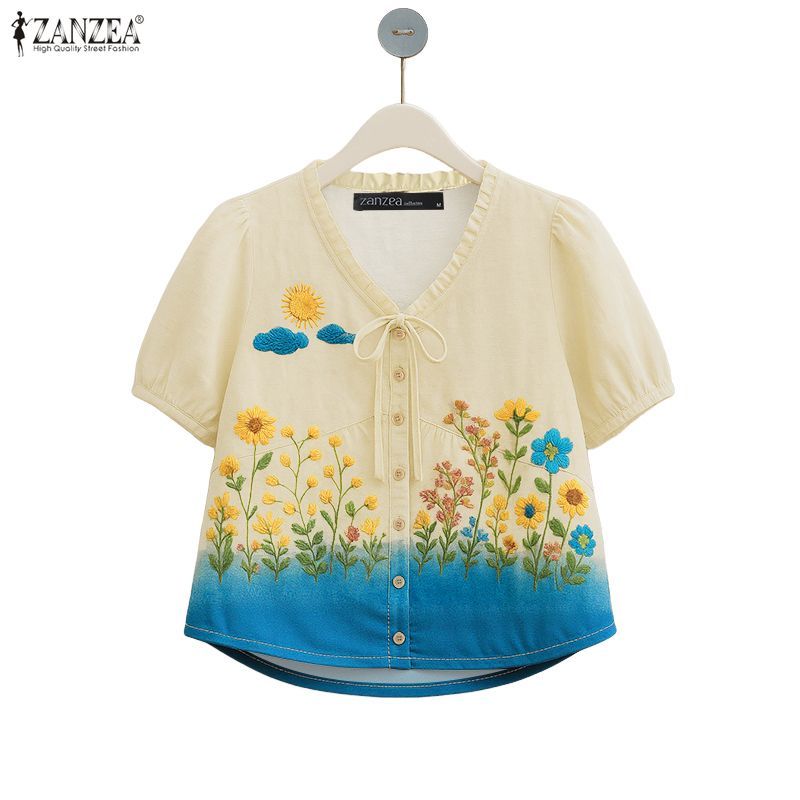 ZANZEA เสื้อผ้าสไตล์เกาหลีวินเทจสำหรับผู้หญิง แขนหูหนูกับลายพิมพ์ดอกไม้ คอนูน