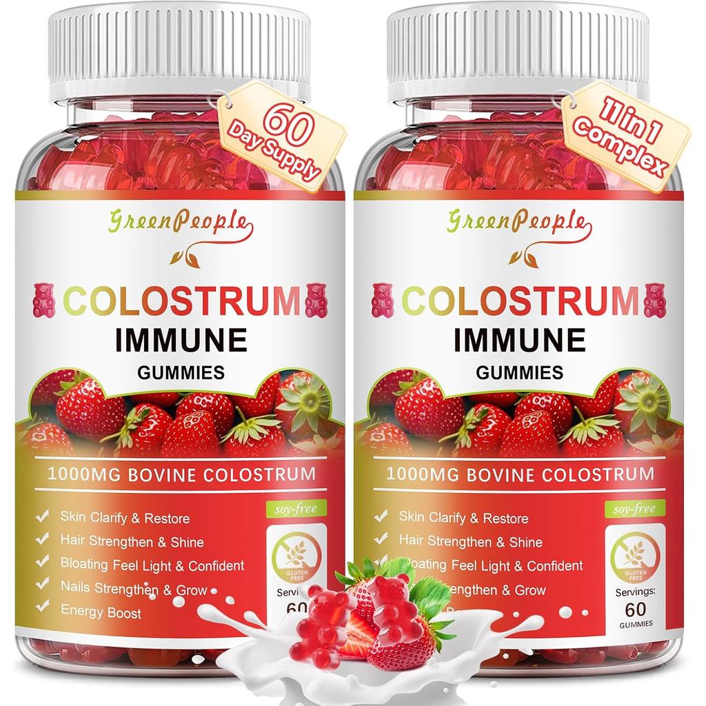 GREENPEOPLE 2 Pack Colostrum อาหารเสริม Gummies สําหรับผู้หญิงและผู้ชาย, พร้อม Biotin 10000mcg, คอลล
