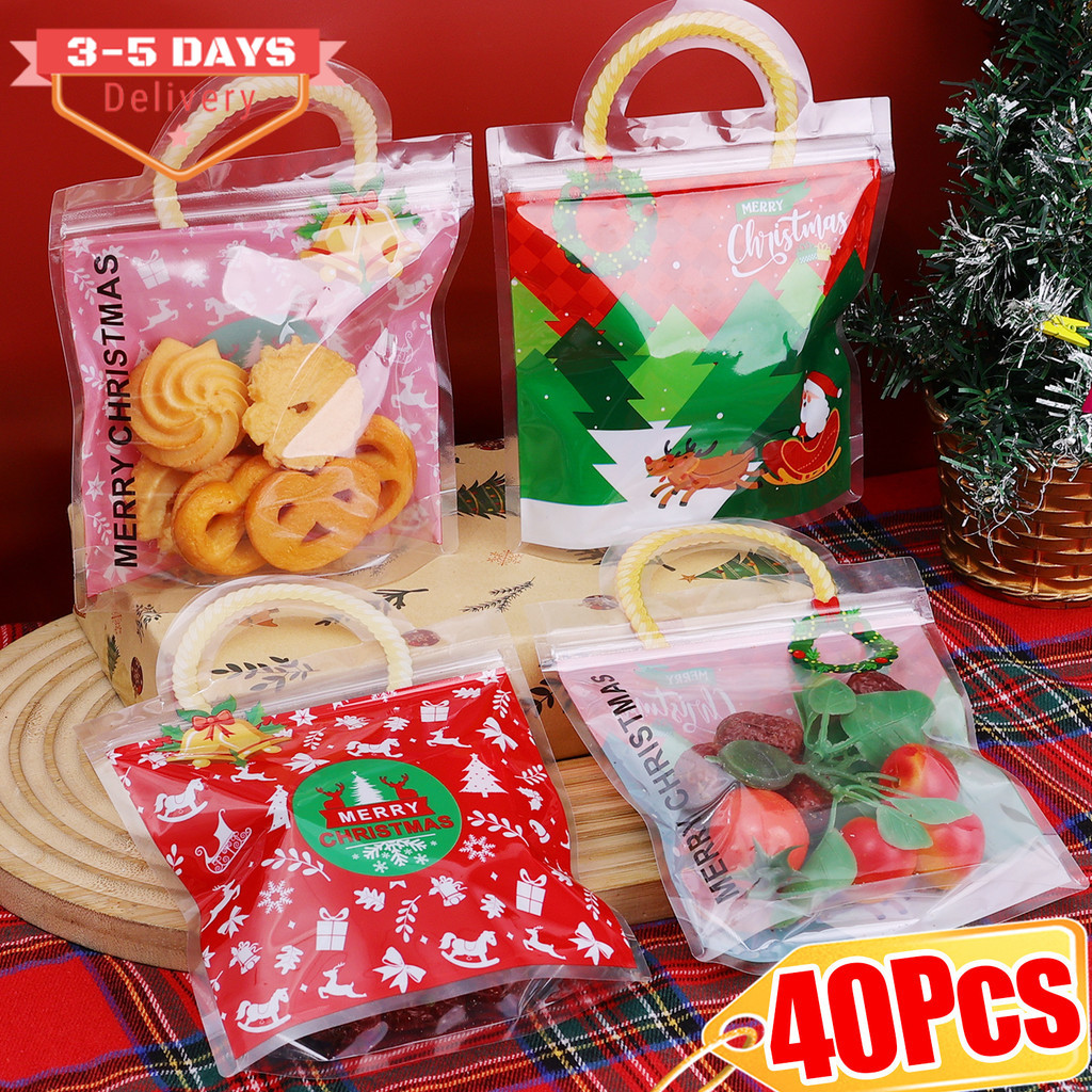[3-5 วันมาถึง] CPP+PET ถุงขนมคริสต์มาสพร้อมที่จับ | 10/20/40ชิ้น หนาปิดผนึกด้วยตนเองขนมบรรจุภัณฑ์ของขวัญสําหรับเด็ก,วันหยุดพรรคโปรดปราน,การออกแบบหลายสีที่ทนทาน