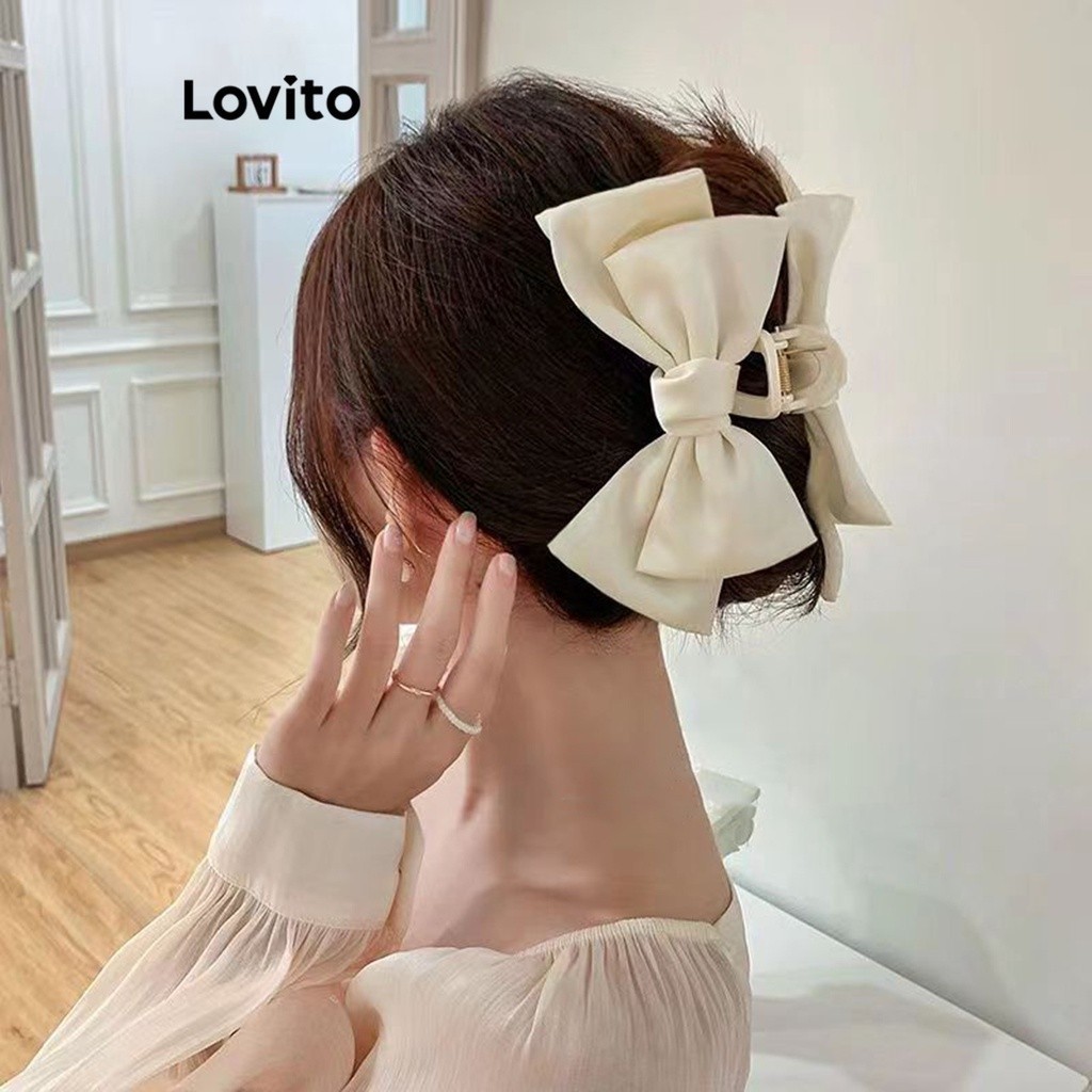 Lovito กิ๊บติดผมลําลอง กิ๊บติดผมโบว์ธรรมดาสําหรับผู้หญิง LFA08154 (ขาว/ชมพู/ฟ้า/ดํา)