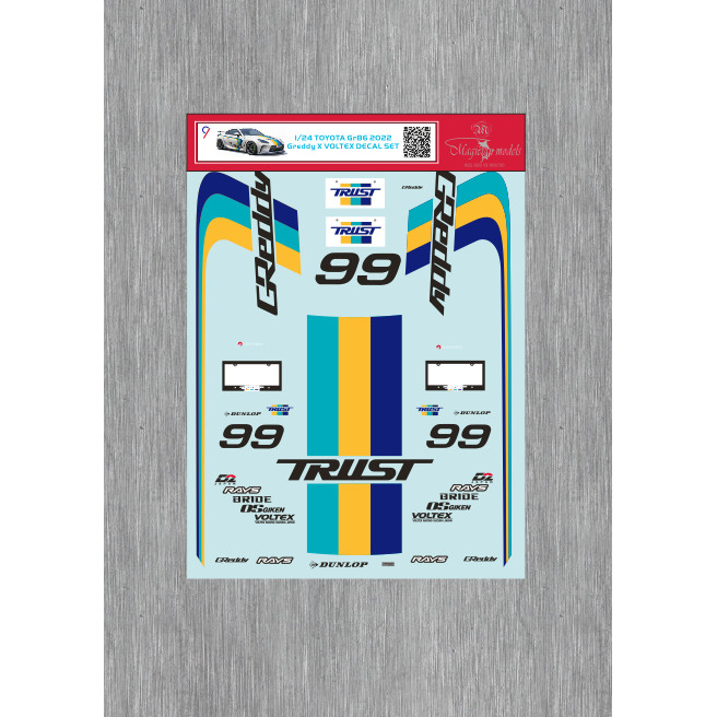เบอร์ 9 Civil Model 1/24 TOYOTA TOYOTA GR 86 2022 GREDDY VOLTEX สติ๊กเกอร์น้ําภาพวาด