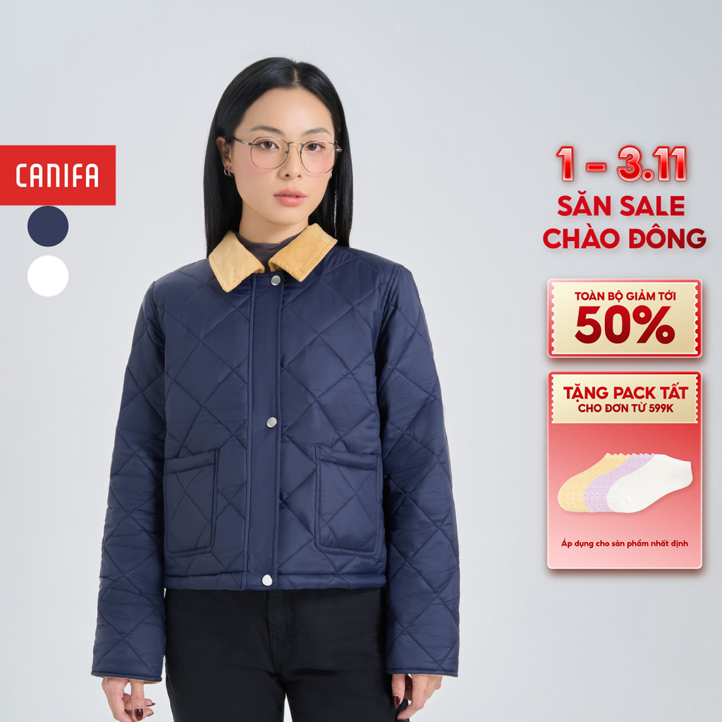 CANIFA 6OT24W006 เสื้อแจ็คเก็ตผ้านวมใบไม้พร้อมคอปกกํามะหยี่และแขนเสื้อ