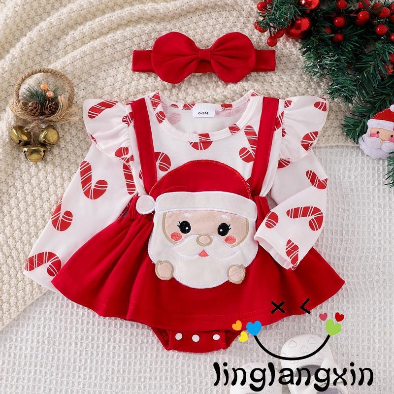 ชุดรอมเปอร์แขนยาวทารก ลาย Santa Claus + ที่คาดผมโบว์ ชุดคริสต์มาส
