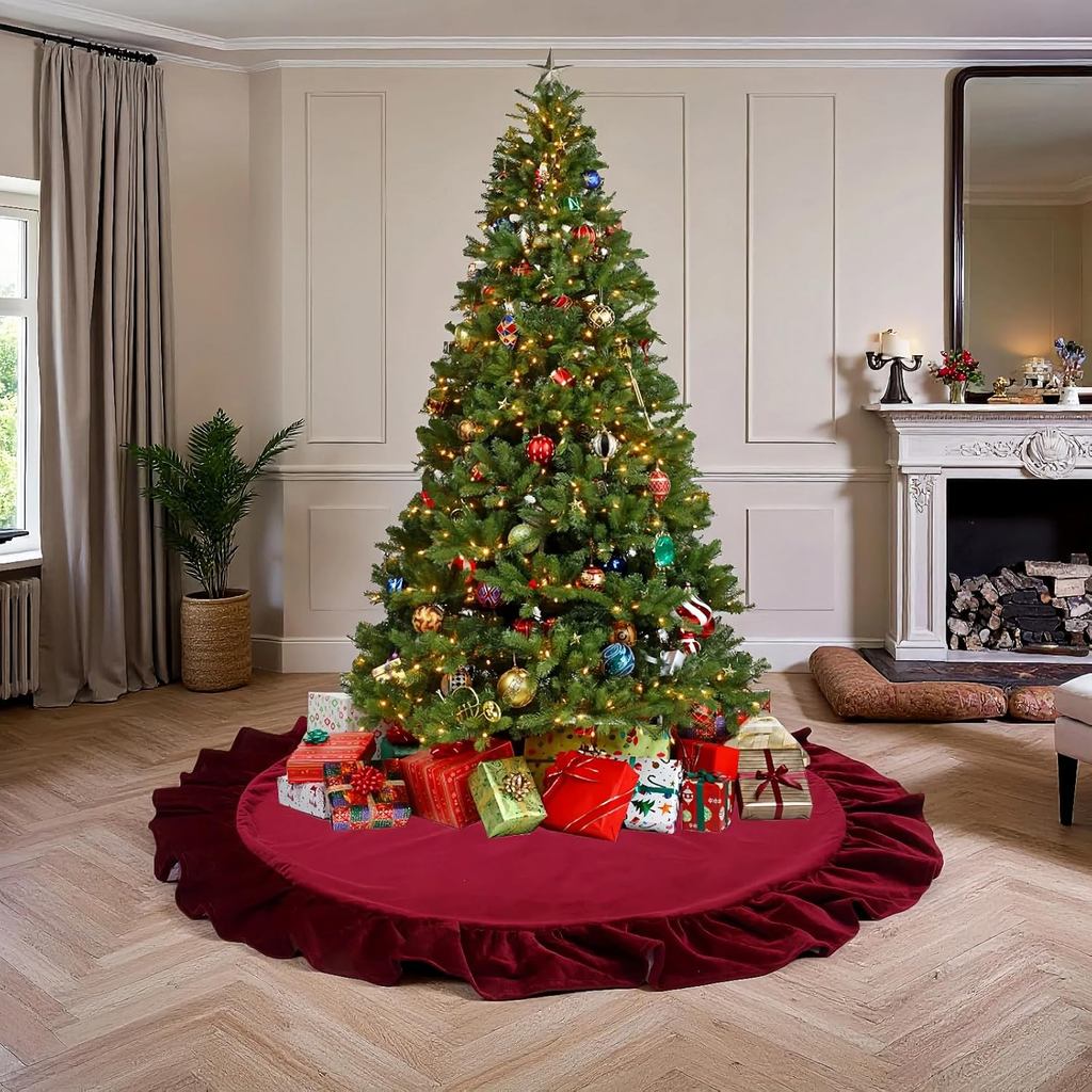 LEAFWHIS 48-Inch Red Velvet Christmas Tree Skirt – Ruffled Holiday Tree Skirt for 6ft to 7.5ft Trees