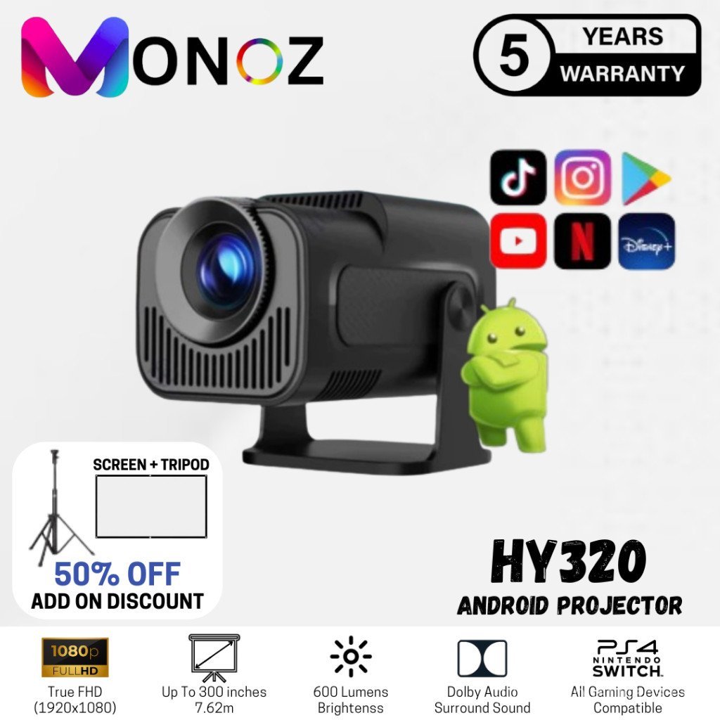 MONOZ HY320 โปรเจคเตอร์ Android 11 Wifi Beamer โฮมเธียเตอร์ 4k โปรเจคเตอร์ Full HD LCD LED โฆษณา
