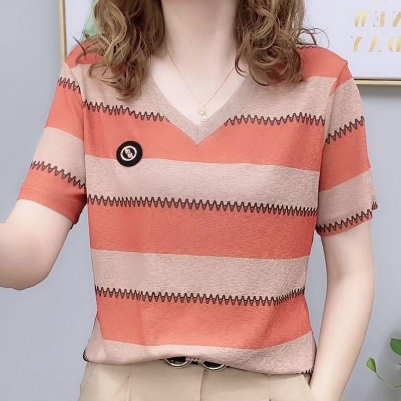 Dahong 💖 เสื้อเชิ้ตแขนสั้น คอวี ลายทาง แฟชั่นสไตล์เกาหลี สําหรับผู้หญิง  เสื้อผู้หญิงแขนพองแฟชั่นดูผอม 99289