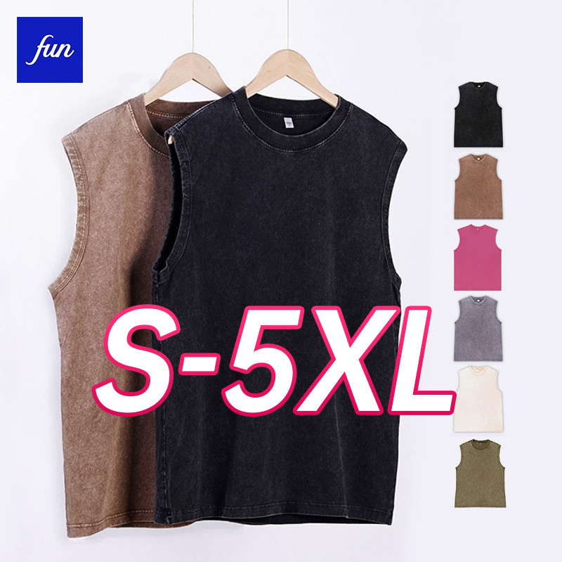 เสื้อ无袖ชาย 5XL สไตล์ American Vintage | ผ้าฝ้าย 240g แบบ Distressed | ทรงหลวม Drop Shoulder | เสื้อกั๊ก oversized