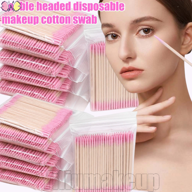 500 ชิ้นสีชมพูทิ้งชี้ทําความสะอาด Swab - Bud Tip หัวสําลีไม้ - สําลีปลายคู่ - ขนาดเล็กพิเศษ กันฝุ่น - เครื่องมือเสริมความงามแต่งหน้า - Eyeline Nail Clean Stick