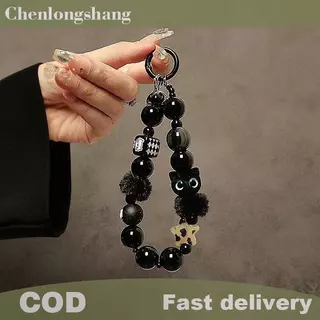 Chenlongshang หรูหราสีดํา Fluffy สายคล้องโทรศัพท์มือถือพร้อมลูกปัด Handle Chain ข้อมือ Anti-Theft คลิปกระเป๋าอุปกรณ์เสริม EN