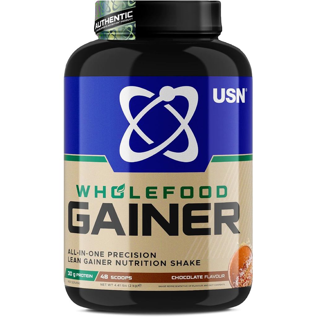 USN Wholefood Muscle Gain Protein Powder, Chocolate Flavour - 2kg, Natural Muscle Growth & Mass Gain