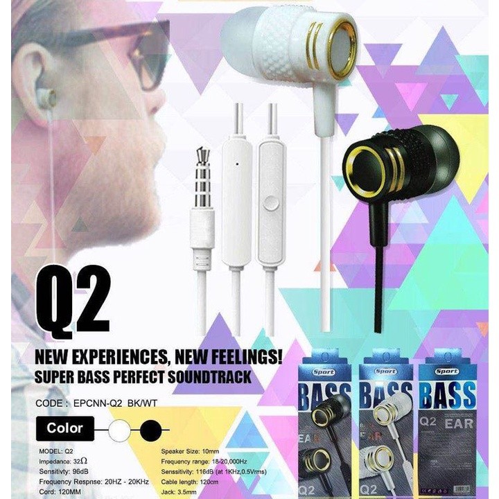 HEADPHONE Q2 หูฟังโทรศัพท์ มีแจ็คเดียว 3.5mm  มีไมค์ Q2 PS