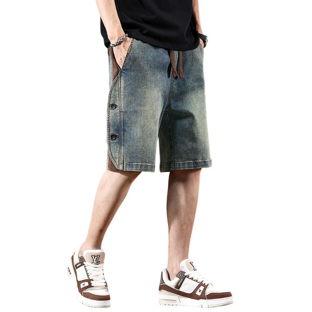 FASHION.61 กางเกงยีนส์ขาสั้น เอวยางยืดผู้ชาย เเต่งแถบข้าง ขนาด S-4XL เอว 30-40 นิ้ว รุ่น M6603