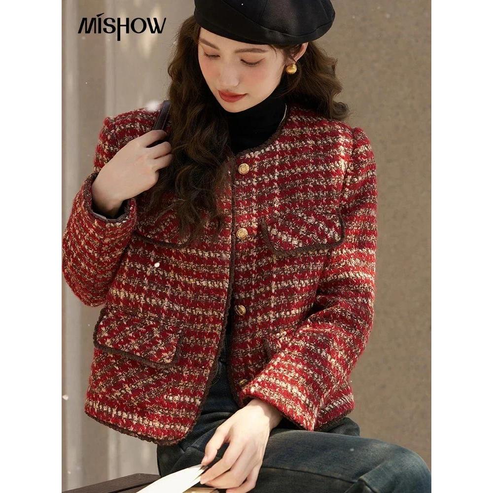 MISHOW ฤดูหนาวเสื้อแจ็คเก็ตผ้าทวีตสําหรับผู้หญิงหรูหราขนสัตว์ผสมเสื้อหนาคุณภาพสูงแฟชั่นลูกเรือคอOute