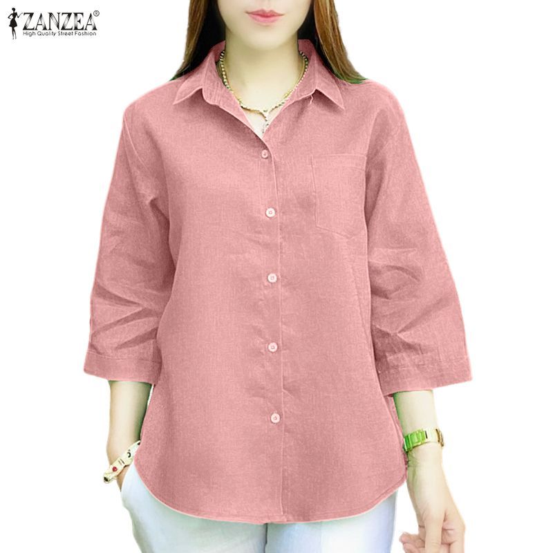 ZANZEA เสื้อเชิ๊ตผู้หญิงสไตล์เกาหลี แขนกุด 3/4 สวมใส่ง่าย