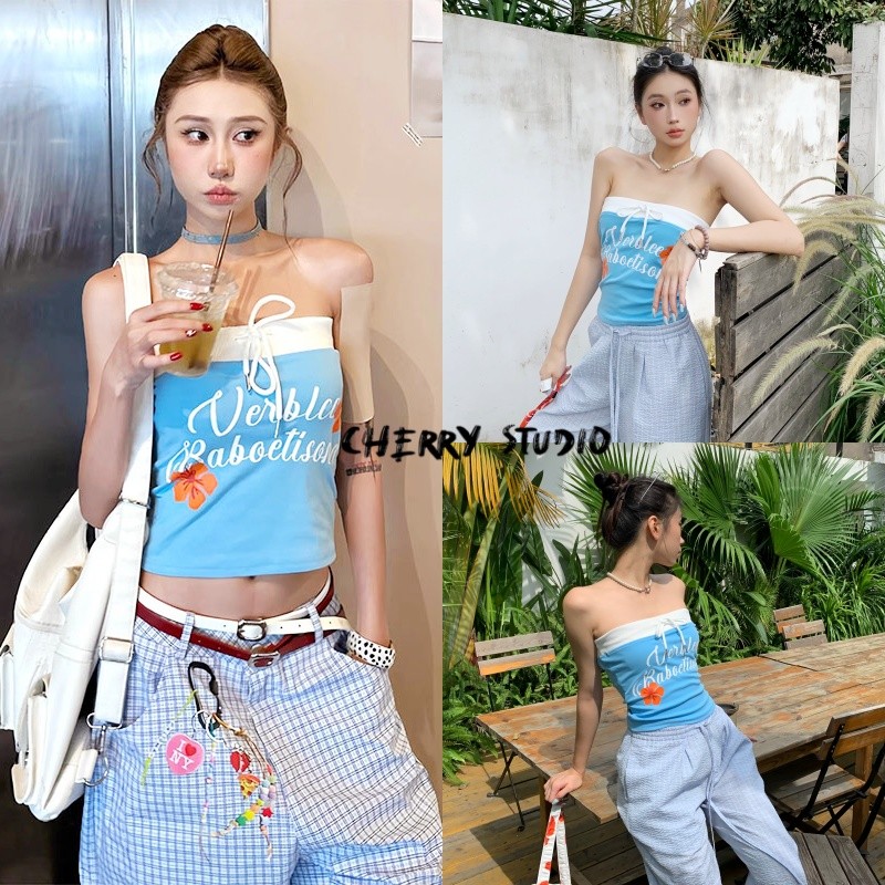 Cherry 👑พร้อมส่ง👡เสื้อเที่ยวทะเลสไตล์ร้อนแรง ครอปทรงรัดรูปกระชับสัดเอว ดีไซน์เชื่อกผูกโปว์เกาะอกย้อนยุค
