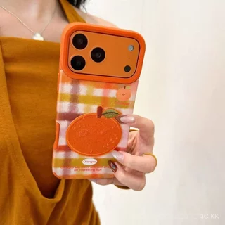 กันกระแทก iPhone ลายสก็อตและลายจุดกับแอปเปิ้ลและส้มปัก พร้อมสายคล้องมือ สำหรับ 17/16/15/14/13 Pro Max