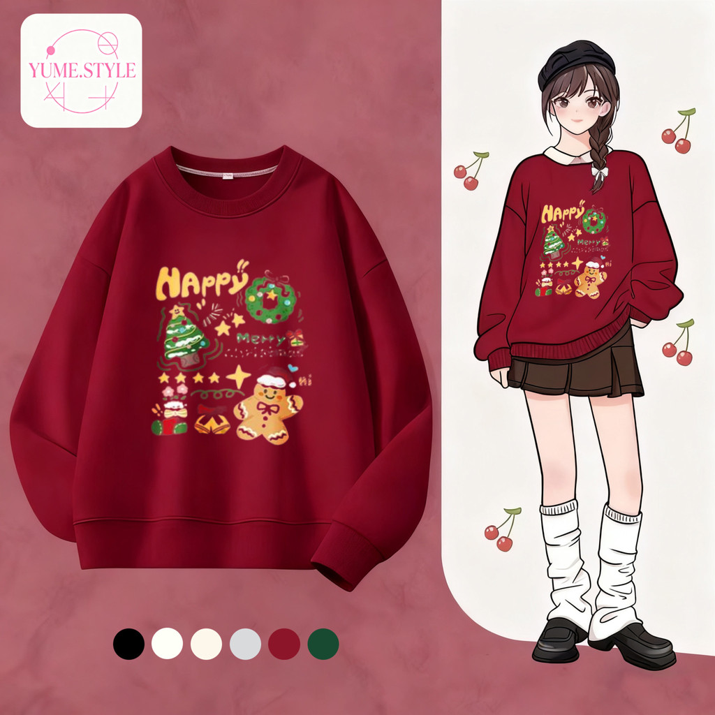 YUME🌸เสื้อกันหนาวแขนยาว เสื้อยืดคอกลมพิมพ์ลาย ทรงหลวม แฟชั่นคลาสสิก สะดวกสบาย ลาย "Merry Christmas" ส่งเร็ว⚡COD