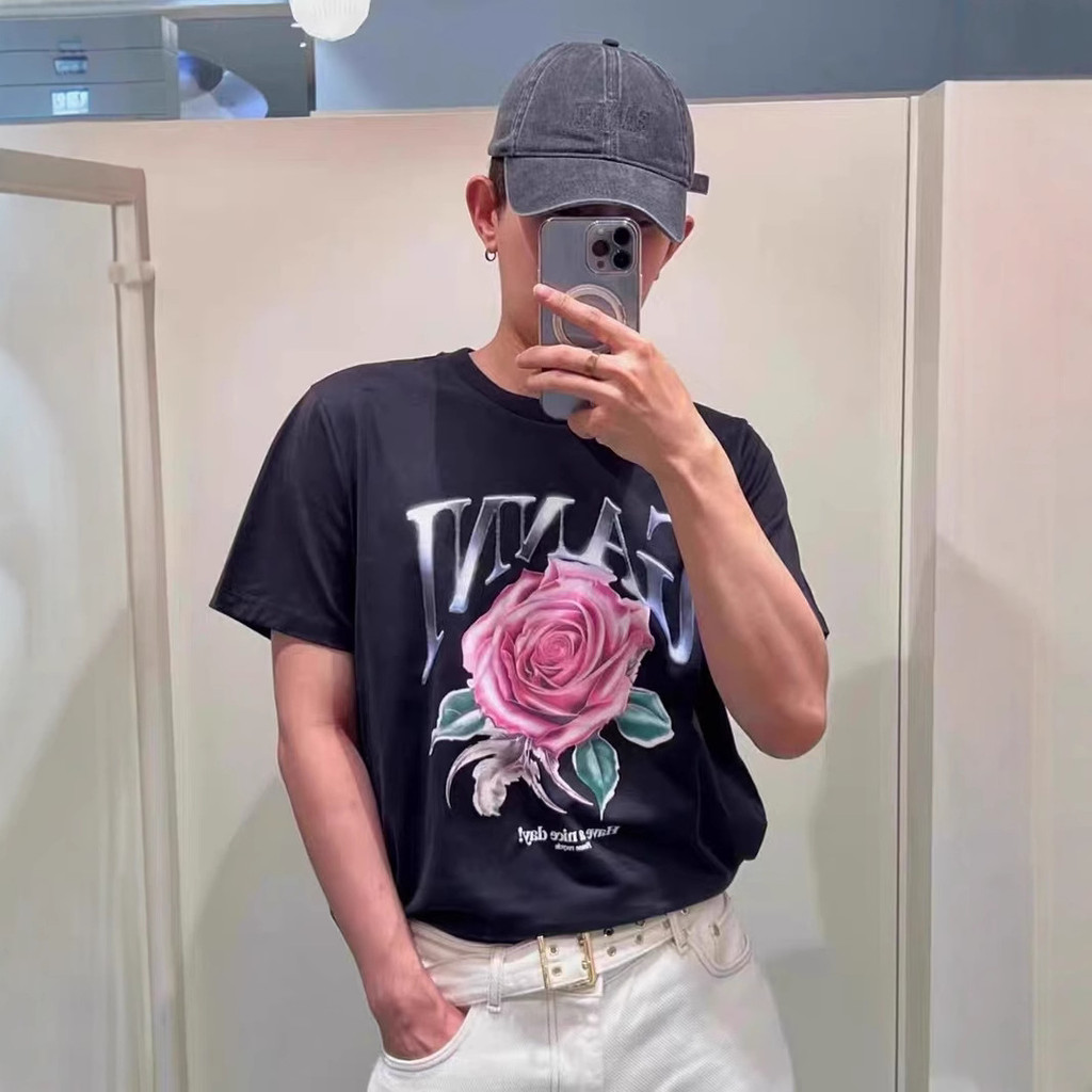 GS2S Gann1 New Rose Flower Cartoon Letter Print Short Sleeve Versatile Loose Round Neck Internet Cel