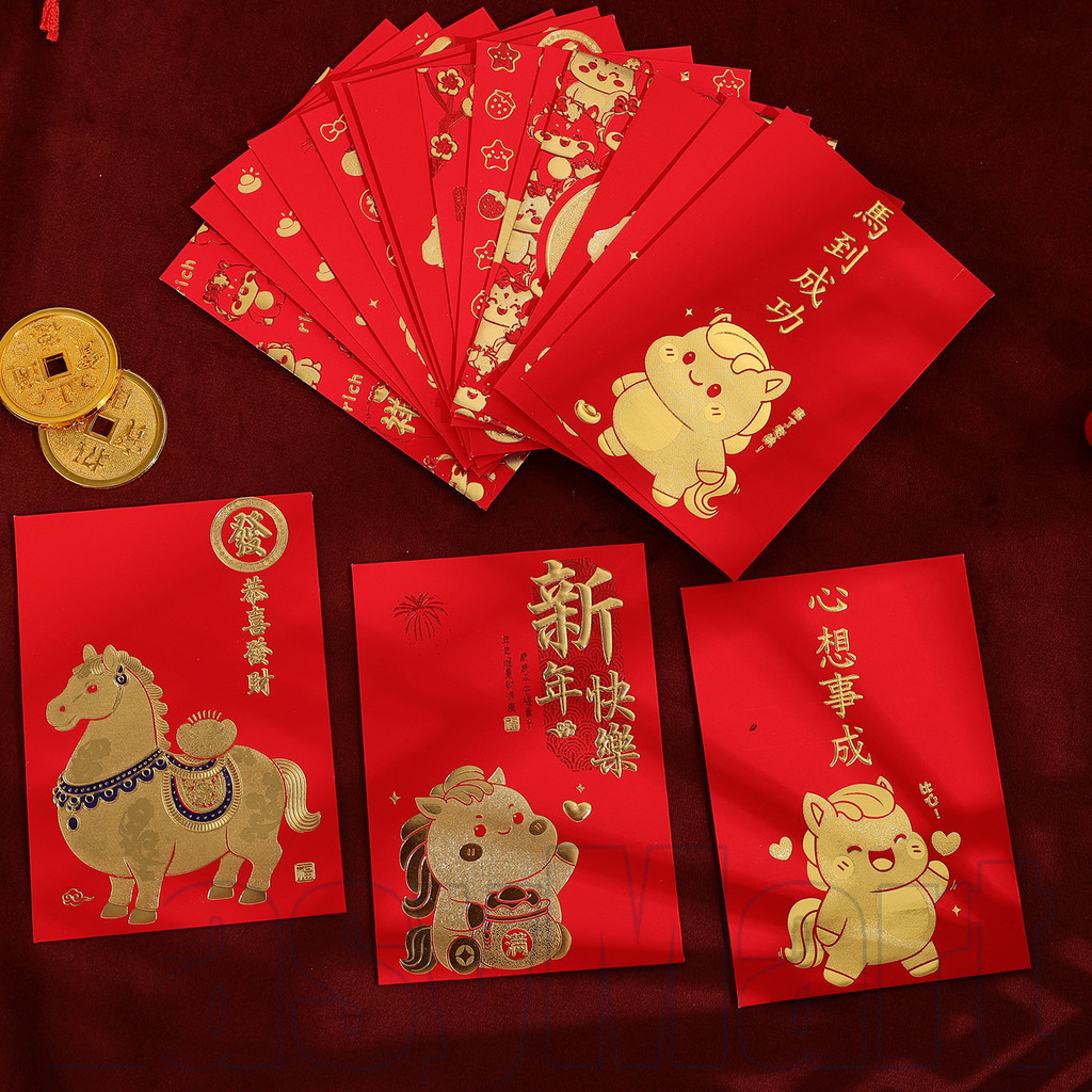 ทนทานกระดาษม้าซองจดหมายสีแดงสําหรับตรุษจีน, การ์ตูนม้าออกแบบเงินแพ็คเก็ตสัญลักษณ์โชคดี, ของขวัญเทศกาลฤดูใบไม้ผลิ 6/12/18 ชิ้น