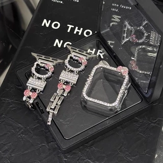KT cat สายโลหะเพชรเงา + เคส hollow สําหรับ Apple Watch Ultra 2/S11/S10/S9/S8/S7/S6/S5/S4/S3/S2/SE iWatch 49/46/45/44/42/41/40/38 มม.