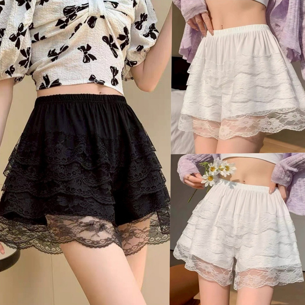 💘Riley💘กางเกงขาสั้น สีพื้น ผ้านิ่ม ลูกไม้ เอวสม็อค สไตล์ใหม่ กางเกงขาสั้นผู้หญิง ใส่สบาย แฟชั่น พร้อ