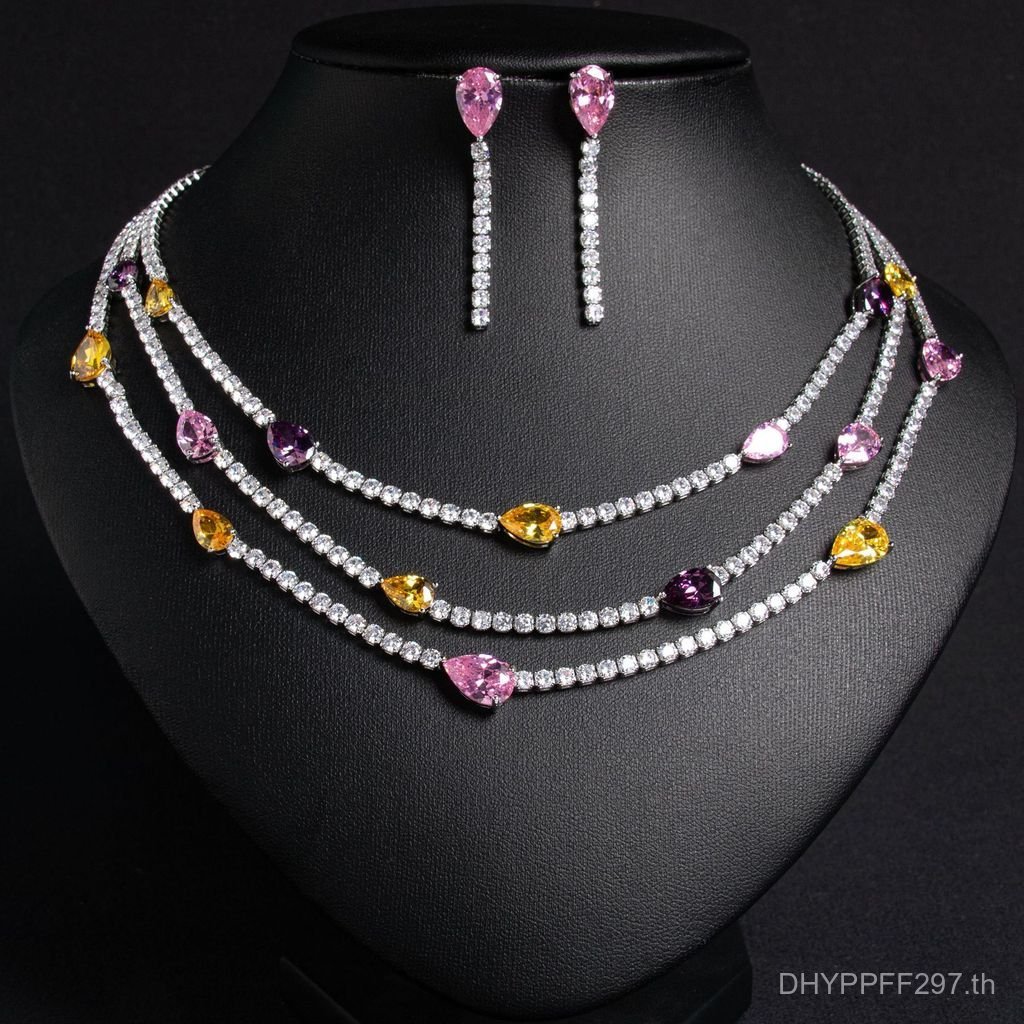 Multi-Layer Water Drop สร้อยคอ Layered Full Diamond ชุดอาหารค่ําภาษาฝรั่งเศสคํา Clavicle CHAIN Zirco