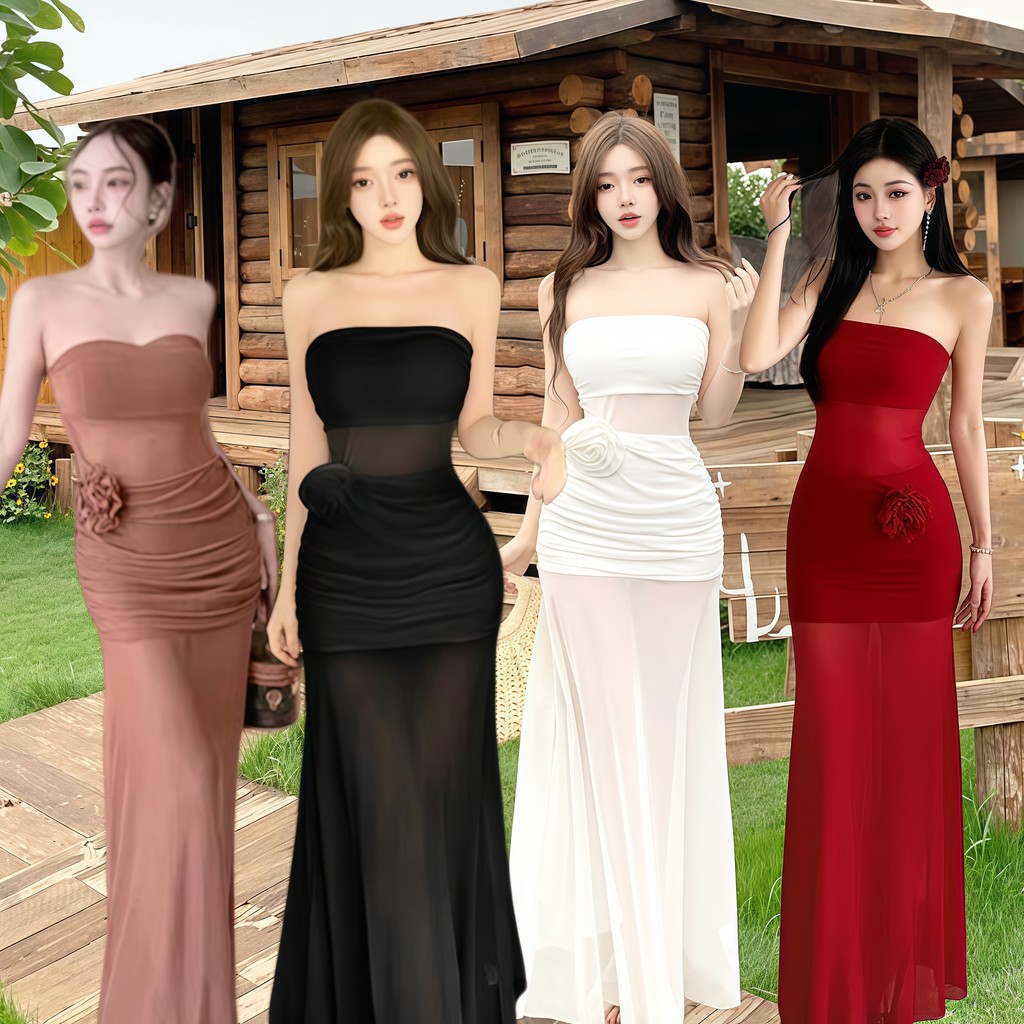Sexy Bloom สไตล์ใหม่ กระโปรงผ้าทูล กระโปรงยาวแฟชั่น สีพื้น ประดับดอกไม้ ออกเดินทางจากประเทศไทยเร็ว