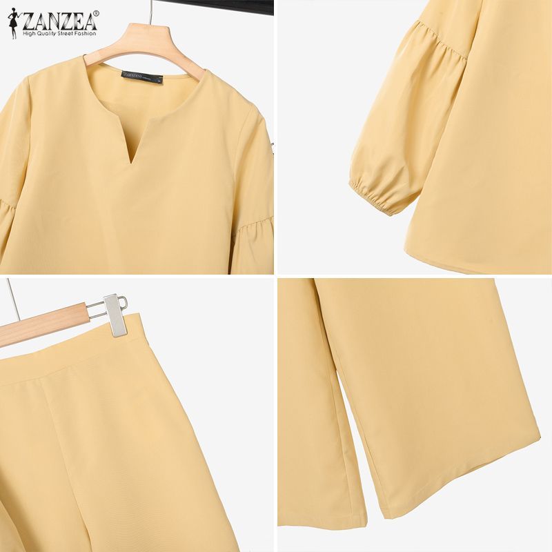 ZANZEA ชุดลำลองสำหรับผู้หญิง แขนยาว 3/4 และกางเกงขาบาน สไตล์เกาหลี ราคา ถูกที่สุด ดีลบีเคเค แกลเลอรีภาพที่ 9