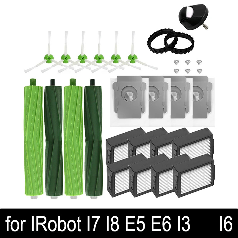 Irobot Roomba i3 i4 i6 i7 i8 j7 E5 E6 E7 อุปกรณ์เสริมแปรงหลัก, แปรงด้านข้าง, ไส้กรอง HEPA, แผ่นกรอง, ถุงเก็บฝุ่น, ล้อยาง สําหรับหุ่นยนต์ดูดฝุ่น