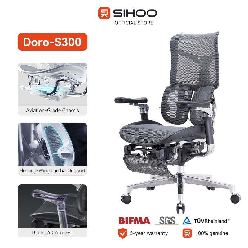 รับประกัน 5 ปีSihoo Doro S300 เก้าอี้สํานักงานตามหลักสรีรศาสตร์พร้อมที่วางเท้าเก้าอี้เล่นเกมที่เท้าแ